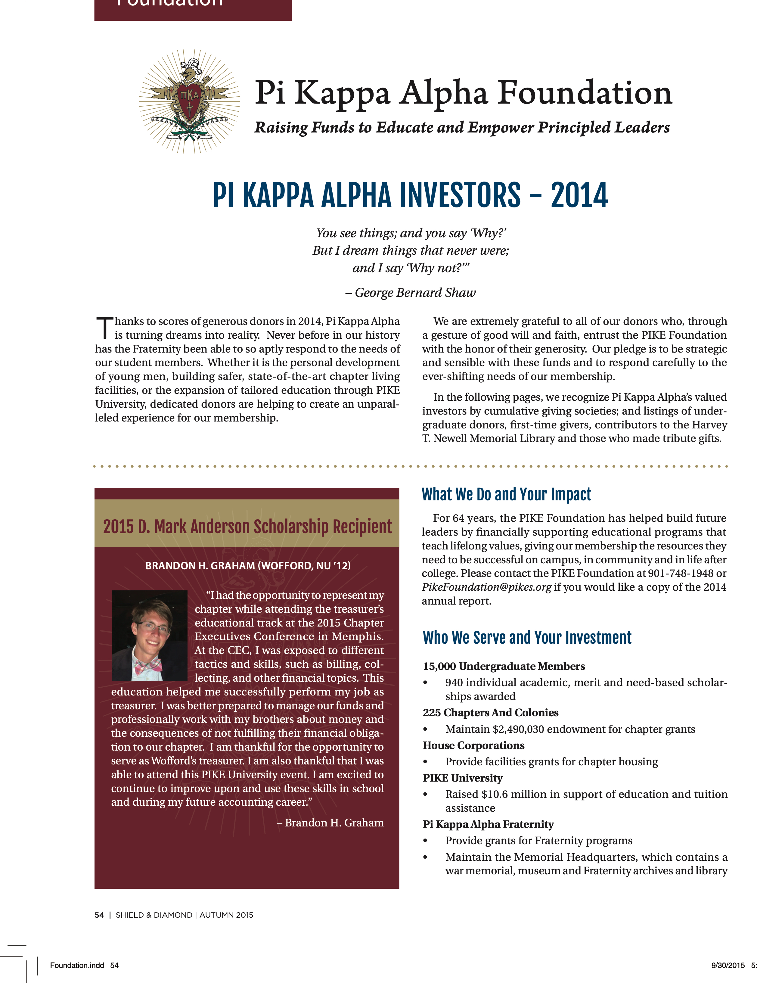 Pi Kappa Alpha Foundation: Pi Kappa Alpha Investors - 2014